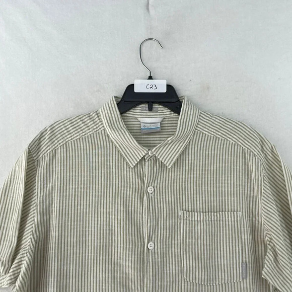 Columbia Shirt Men's Sz L Beige Regular Fit Button-Up Striped Collared Pocket - Picture 12 of 12